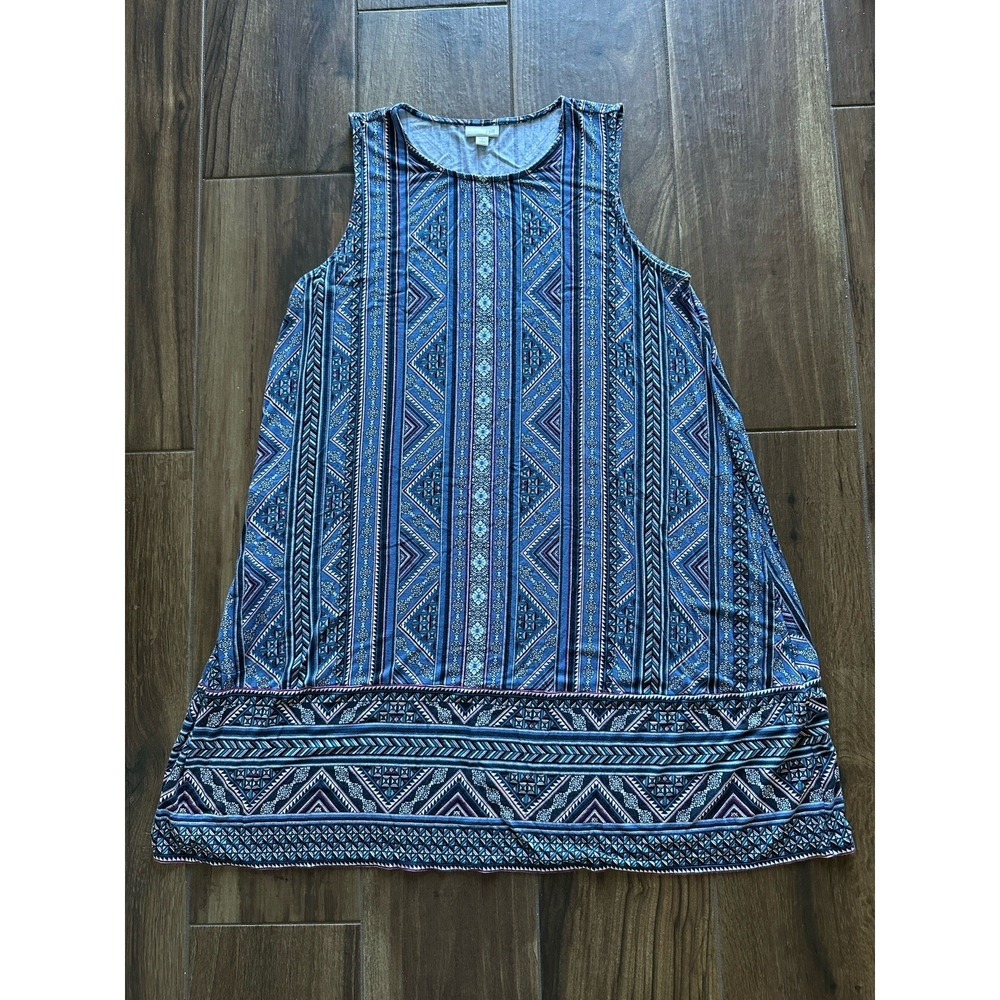 J. Jill Blue Geometric Tribal Print Sleeveless Knit Tunic Top Large Petite